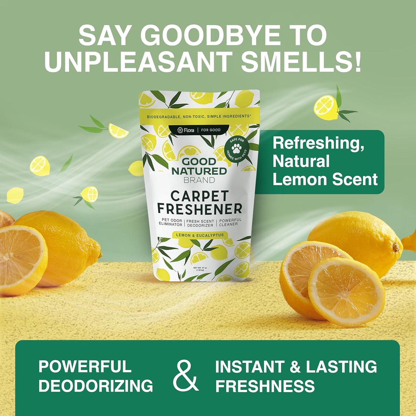 Good Natured Brand | Laundry Bundle | Carpet Freshener Lemon & Eucalyptus 47oz | Pet-Friendly Carpet Deodorizer | Laundry Powder Unscented 47oz | Hypoallergenic Laundry Powder 94 Loads