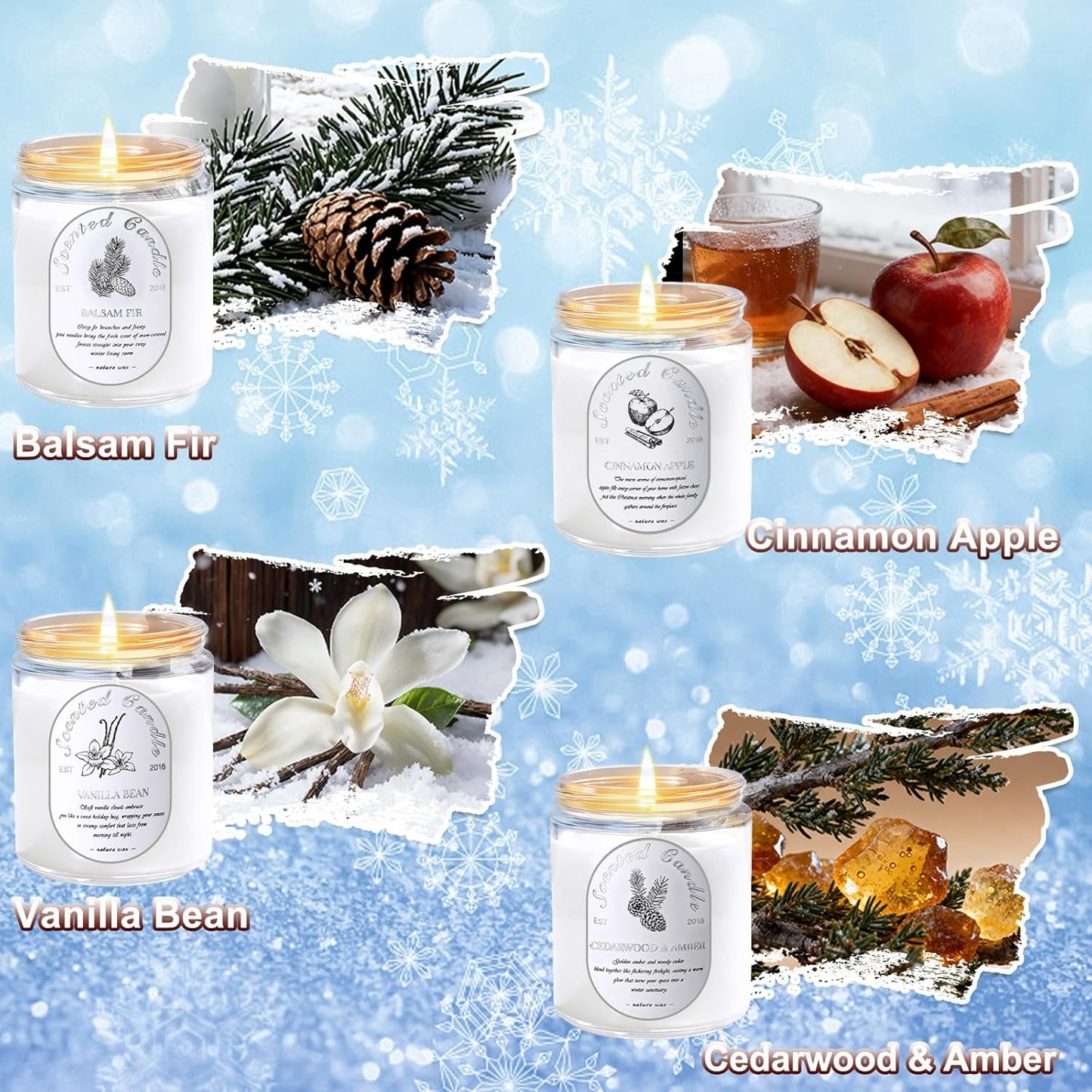 Winter Candle Gift Set, 4 Pack 28oz Soy Wax Scented Candles for Home – Cinnamon Apple, Balsam Fir, Vanilla Bean, Cedarwood & Amber – Cozy Aromatherapy Candles for Christmas, Holiday & Home Decor Gifts
