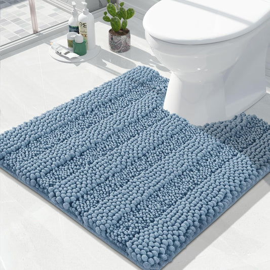 Yimobra Toilet Rugs U Shaped Washable 24 x 24, Non Slip and Super Absorbent Toilet Mat, Quick Dry, Ultra Luxury Microfiber Chenille Plush Fluffy Contour Bath Rugs for Toilet Base, Denim Blue