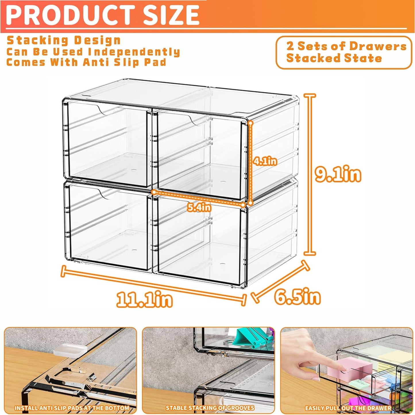 Yieach 2 Pack Acrylic Storage Drawers With 4 Drawers,Stackable Desk Organizers and Makeup Organizer,Large Clear Office Supplies Organizer for Pen,Medical,Art Craft,Stationery Organizer for Countertop