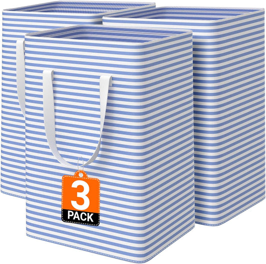3 Pack Large Laundry Basket,Waterproof & Freestanding Laundry Hamper,Collapsible Clothes Hampers with Easy Carry Long & Reinforced Handles in Bathroom,College Dorm(75Lx3,Blue)