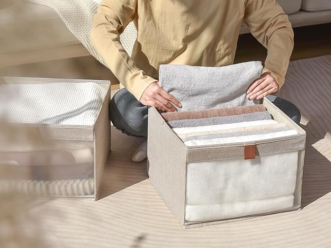 StorageWorks Closet Storage Bins, Extra Large Storage Baskets with Clear Window and Handles, Foldable Fabric Organizer for Clothes, Shelves, Brown and Beige, 3 Pack