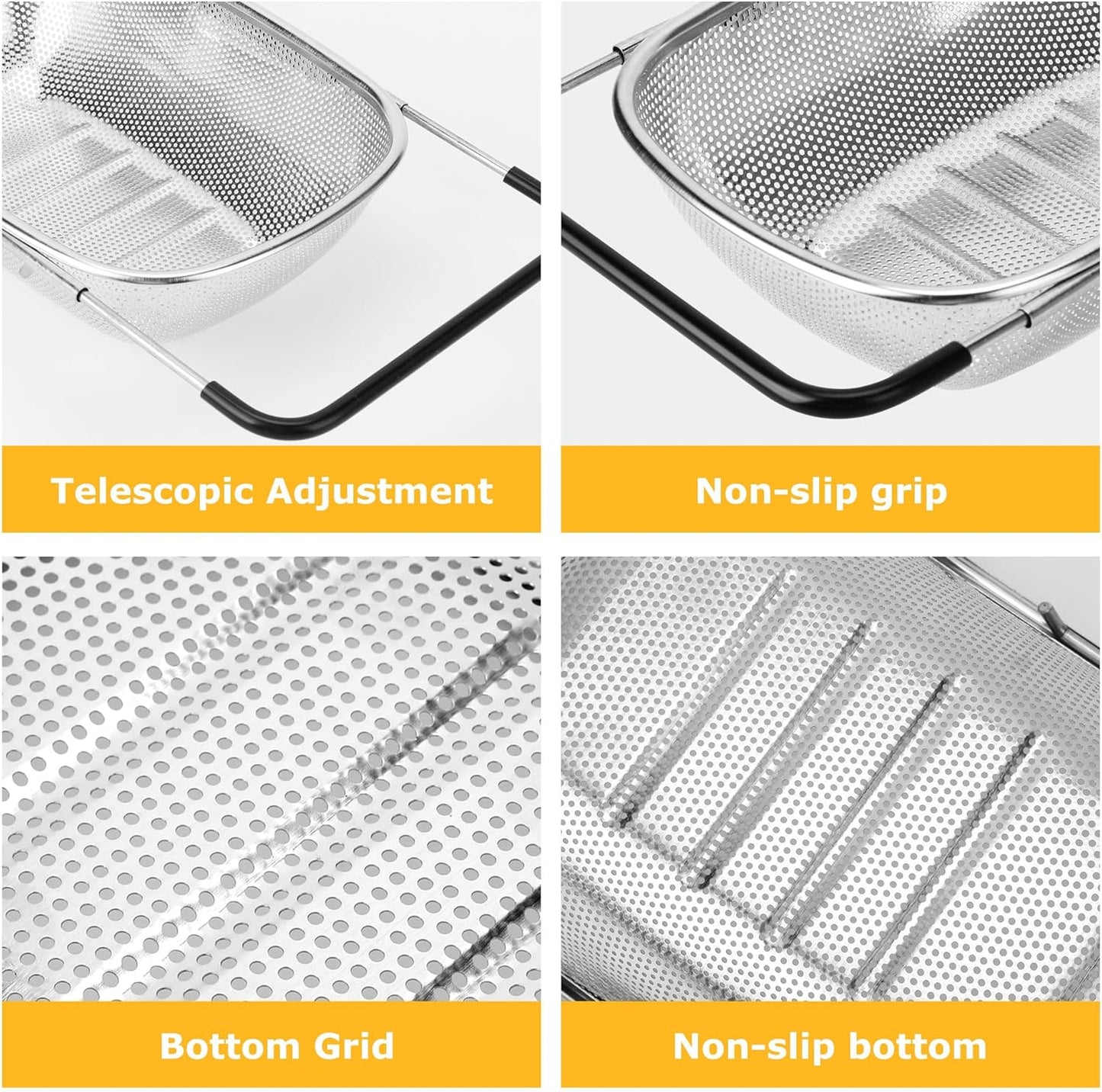 ZDRongZhen Kitchen Accessories Over the Sink Colander Strainer Basket，Stainless Steel Colander with Expandable Rubber Grip Sink Drainer-Rinse Vegetables Fruits &Strain&Drain (Medium-Dense round hole)