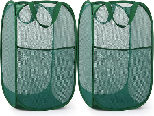 2 Pack Durable Collapsible Laundry Baskets - Reinforced Mesh Pop Up Laundry Hamper with Pocket, Foldable Dirty Clothes Hamper with Carry Handles for Laundry, Bathroom, Kids Room, Dorm or Travel Green