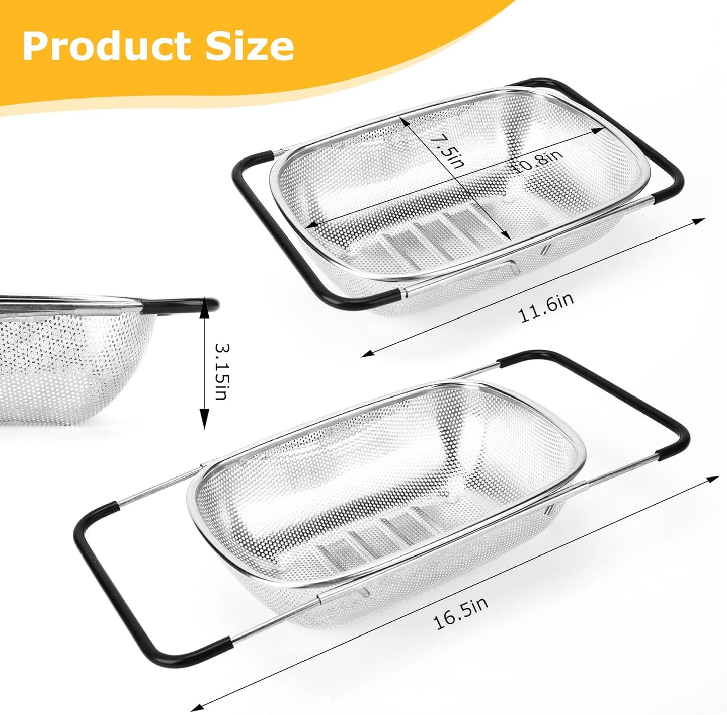 ZDRongZhen Kitchen Accessories Over the Sink Colander Strainer Basket，Stainless Steel Colander with Expandable Rubber Grip Sink Drainer-Rinse Vegetables Fruits &Strain&Drain (Medium-Dense round hole)