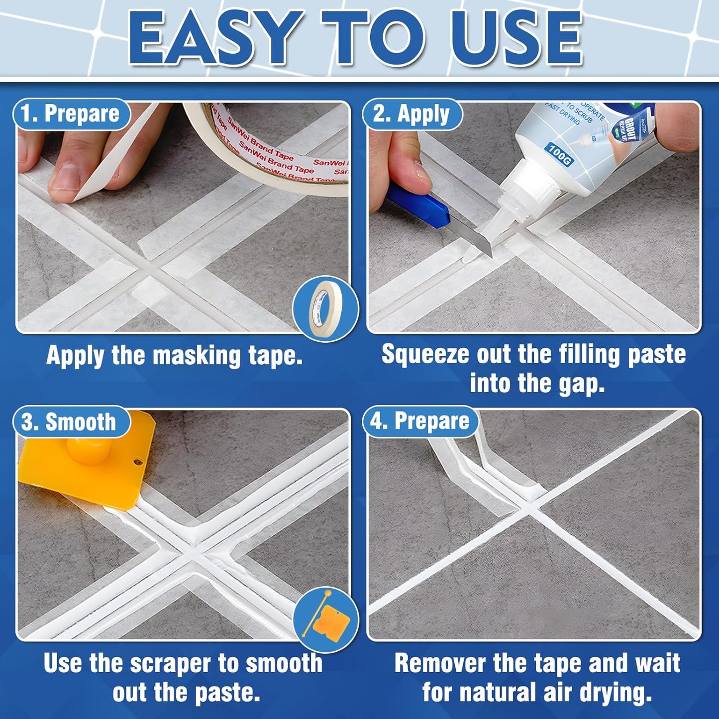 Tile Grout Repair Kit, 2 Pack Fast Drying Grout Filler for Bathroom, Kitchen, Shower, Versatile Triple Use with Grout Sealer, Replace Grout Pen for Restore and Renew Tile Joints Line(White)