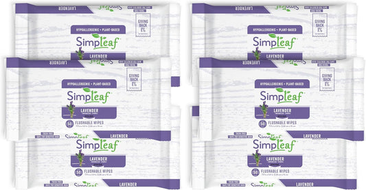 Simpleaf Flushable Wet Wipes Lavender | Plastic Free, Paraben & Alcohol Free | Hypoallergenic & Safe for Sensitive Skin | Soothing Aloe Formula | Adult Toilet Wipes (6 x 50 Counts Pack) 300 Counts