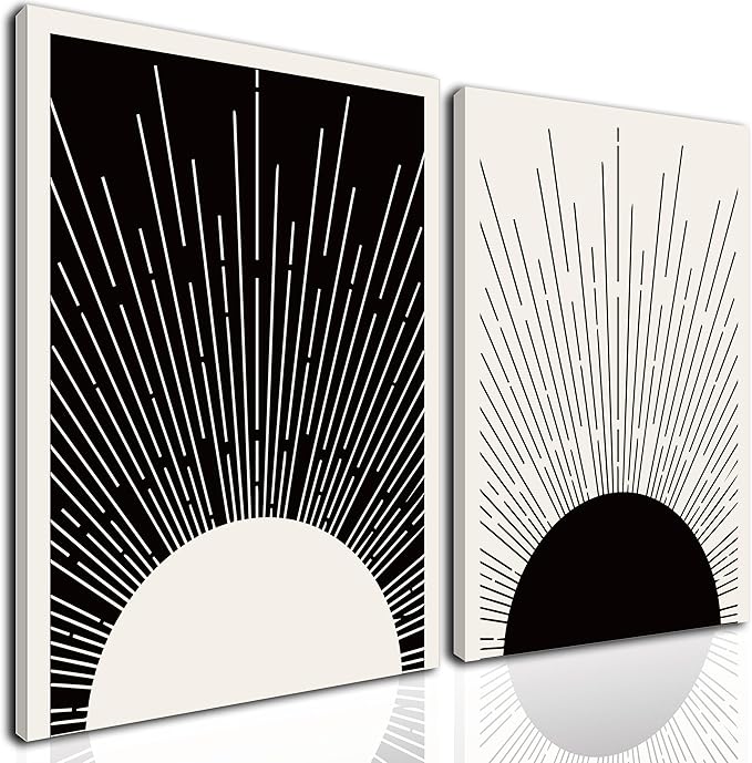 Hwetui Framed Boho Sun Wall Art Set of 2 Black and White Minimalist Sunrise Canvas Prints Abstract Sunshine Painting Geometric Line Pictures Home Decor for Living Room Bedroom Bathroom 12x16in