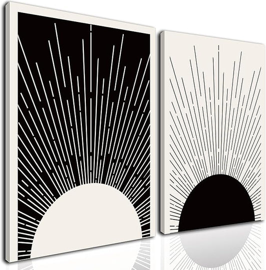 Hwetui Framed Boho Sun Wall Art Set of 2 Black and White Minimalist Sunrise Canvas Prints Abstract Sunshine Painting Geometric Line Pictures Home Decor for Living Room Bedroom Bathroom 12x16in