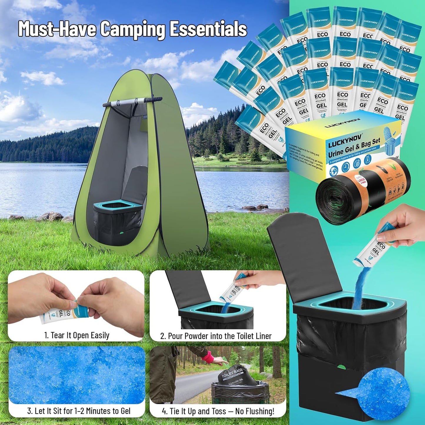 25 Portable Toilet Bags with 25 Poo Gels, 8 Gallon Leak-Proof Camping Toilet Waste Bags – Absorbent Gel Value Pack for Portable Potty, RV, Hiking, Travel, Outdoor Use