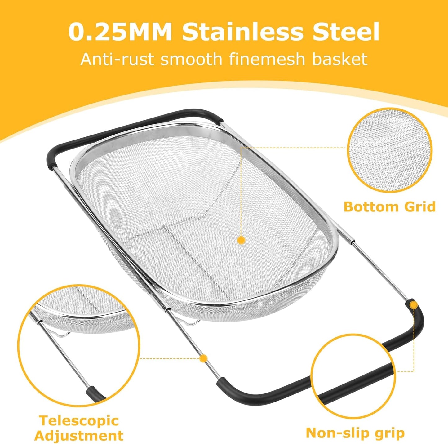 ZDRongZhen Kitchen Accessories Over the Sink Colander Strainer Basket，Stainless Steel Colander with Expandable Rubber Grip Sink Drainer-Rinse Vegetables Fruits &Strain&Drain (Large-Fine mesh)