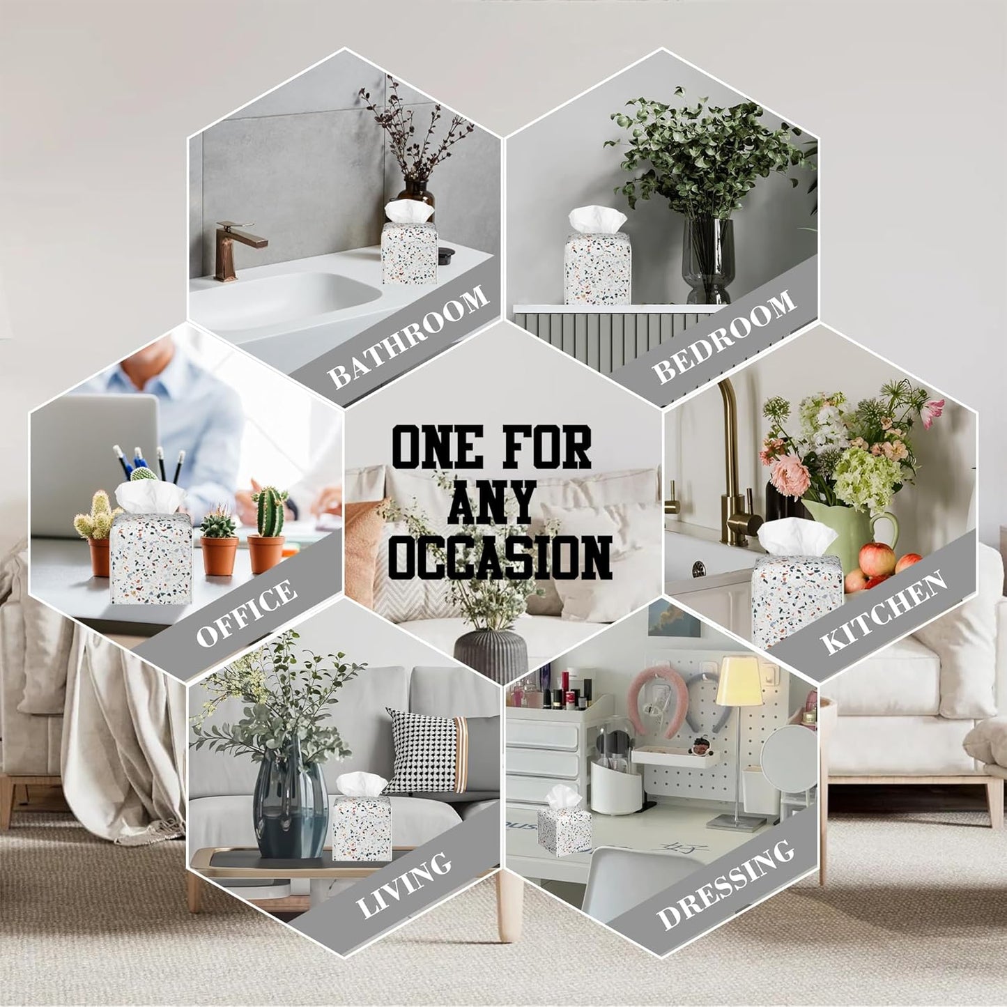 Tissue Box Cover Terrazzo Marble Tile Leather Tissue Box Holder Cube Paper Case Cover Facial Paper Organizer Dispenser for Bathroom, Vanity Countertop, Office Desk