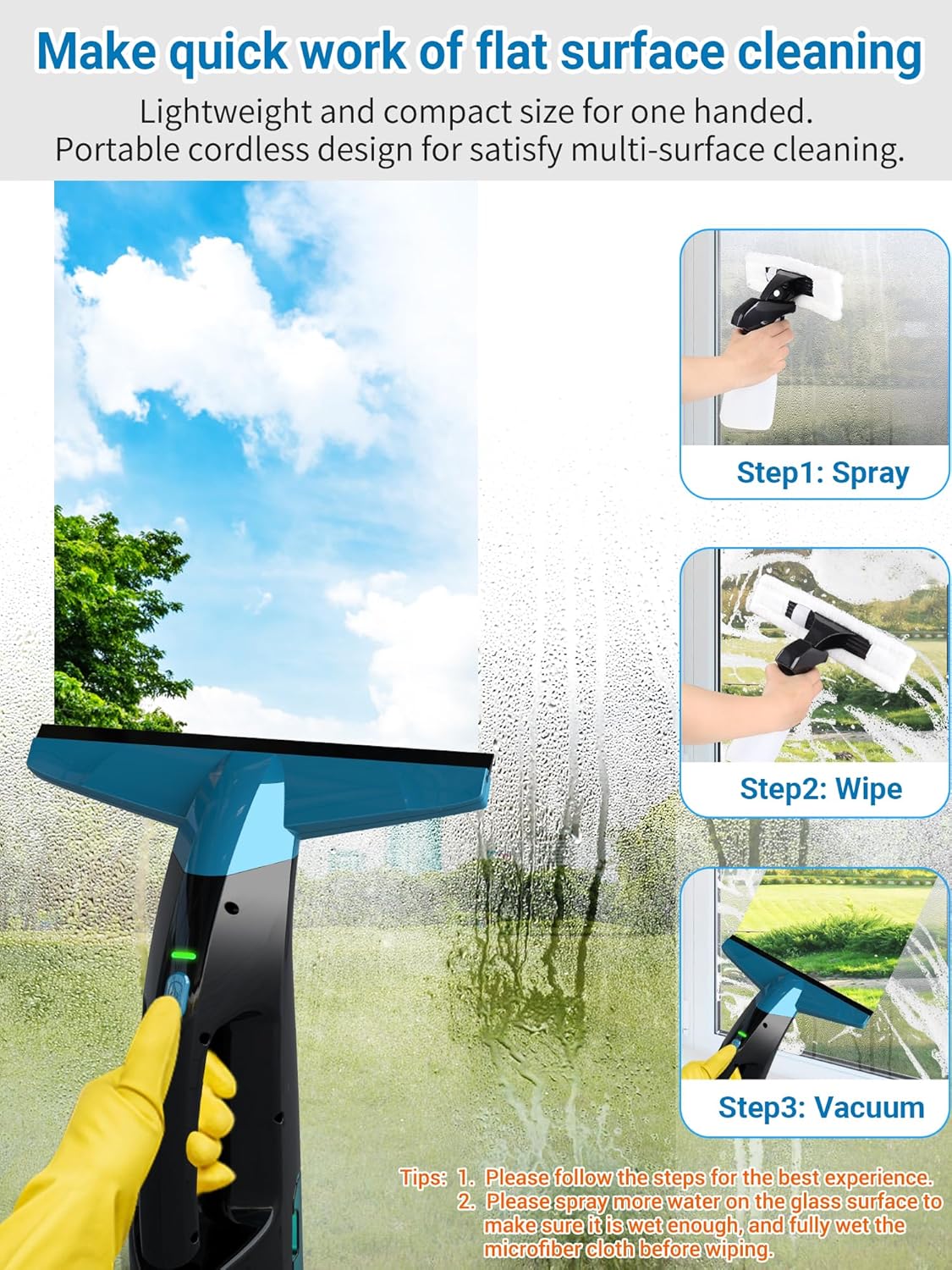 Rechargeable Window Vac, Electric Window Vacuum Squeegee, with 11 in. Squeegee Blade & 200ml Water Tank, Cordless Window Vacuum Cleaner Set for Cleaning Windows, Shower Doors, Mirrors, Tiles