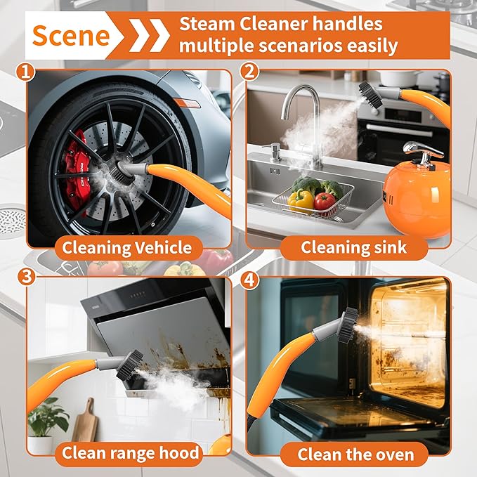 2000W Handheld Steam Cleaner, 248°F High Temperature Multipurpose Steam Cleaners with 1500ml Tank, 6 Adjustable Gear for Home Kitchen Grease Car Cleaning, Orange
