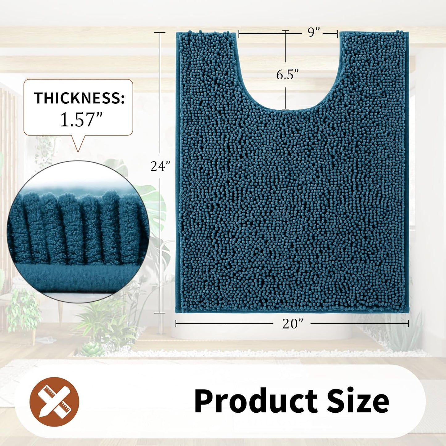 Yimobra Toilet Rugs U Shaped Washable - 24"x20" Non Slip Plush Contour Bath Rugs for Toilet - Super Soft Absorbent Quick Dry Toilet Mats for Bathroom,Peacock Blue