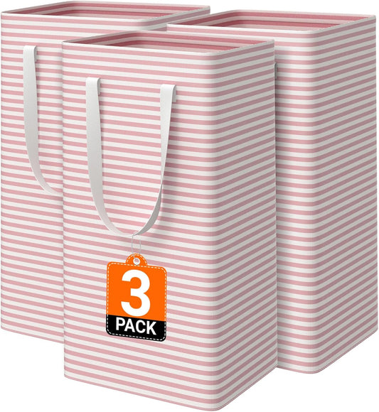 3 Pack Large Laundry Basket,Waterproof & Freestanding Laundry Hamper,Collapsible Clothes Hampers with Easy Carry Long & Reinforced Handles in Bathroom,College Dorm(88Lx3,Pink)