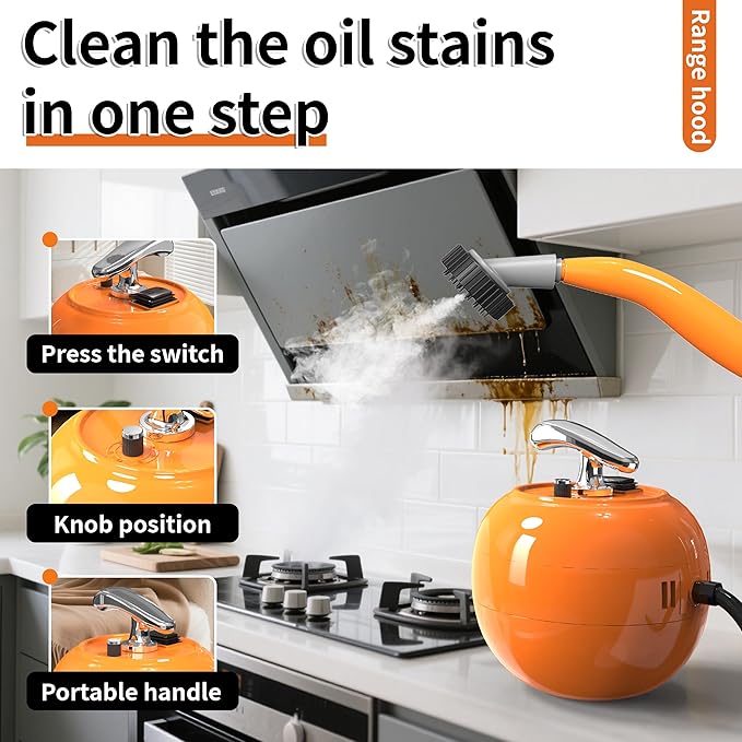 2000W Handheld Steam Cleaner, 248°F High Temperature Multipurpose Steam Cleaners with 1500ml Tank, 6 Adjustable Gear for Home Kitchen Grease Car Cleaning, Orange
