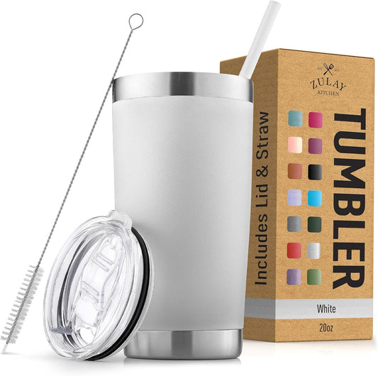 Zulay 20oz Stainless Steel Tumbler With Lid and Straw - Sweat-Free Travel Coffee Mug Tumbler Cups - Double Walled Insulated Travel Mug For Hot and Cold Drinks (White)