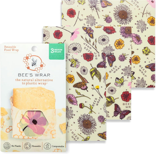 Bee's Wrap Vegan Beeswax Wraps for Food - Meadow Magic Medium 3 Pack Made in USA Reusable & Organic Food Wraps, Sandwich Wrap & Bowl Covers - Eco-Friendly Alternative to Aluminum Foil & Plastic Wrap