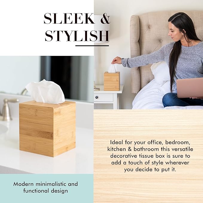 JUSK Design Tissue Box Holder - Modern, Minimalist, Durable Wooden Box with Sliding Bottom, Easy-Refill - Premium-Quality Bamboo Cover, Square