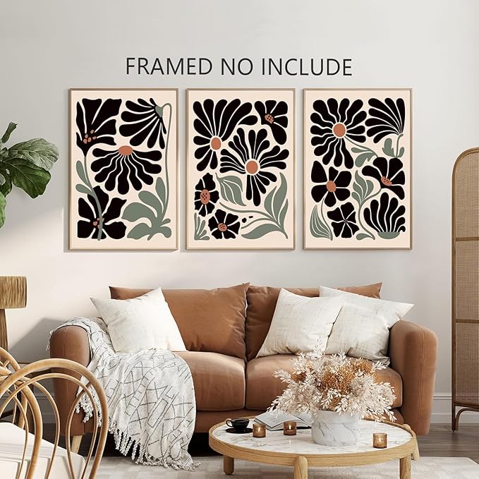 Hwetui Boho Wall Art Set of 3 Abstract Black flowers Plant Poster Vintage Green Floral Canvas Prints Neutral Home Decor Aesthetic Bohemian Artwork Painting Pictures for living room12''x16''Unframed