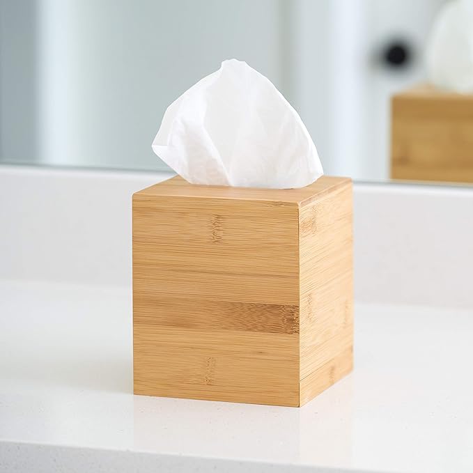 JUSK Design Tissue Box Holder - Modern, Minimalist, Durable Wooden Box with Sliding Bottom, Easy-Refill - Premium-Quality Bamboo Cover, Square