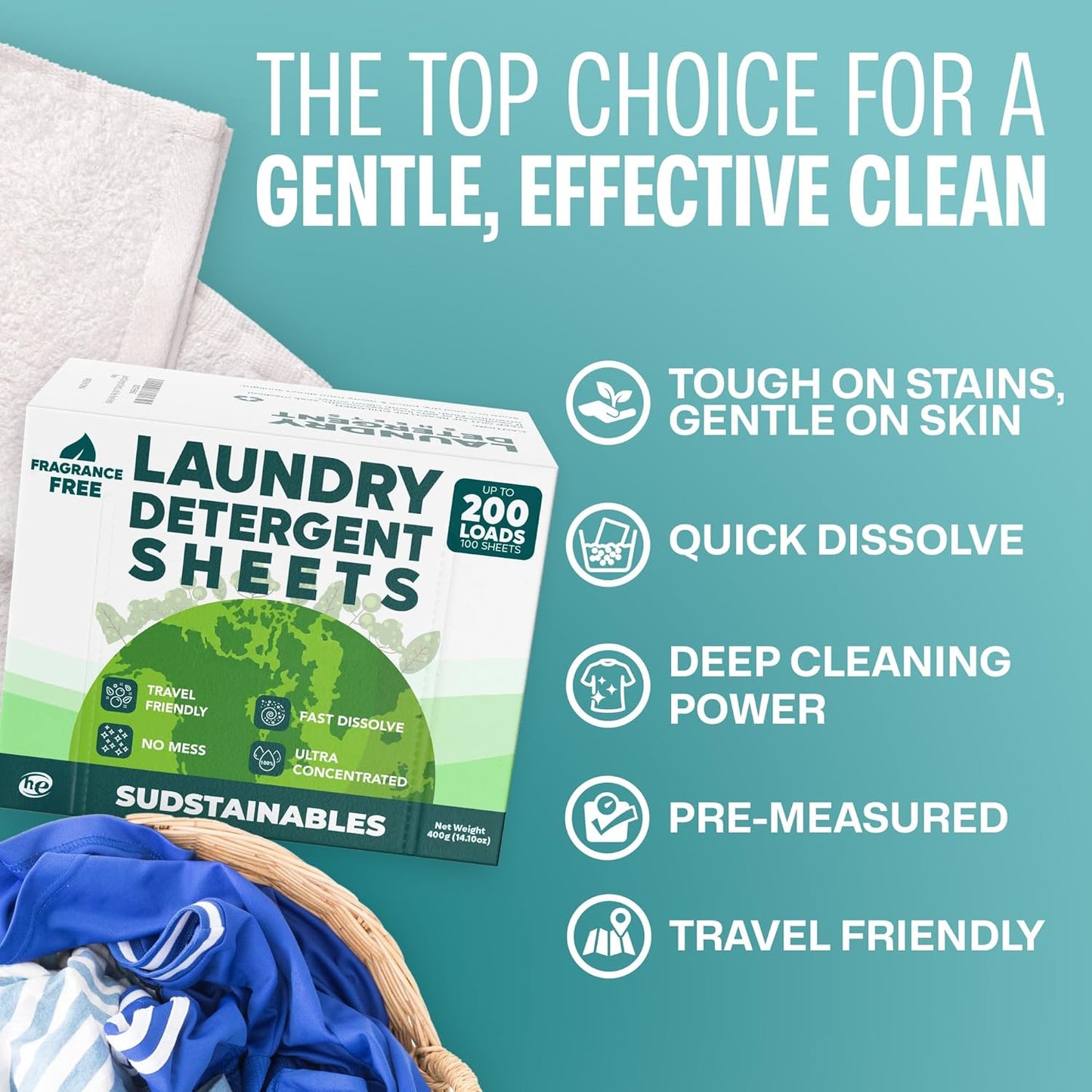 Sudstainables Laundry Detergent Sheets 200 Loads – Dissolvable Laundry Sheet for Washing Machines, Compact Alternative to Liquid & Powder Detergent, Travel-Friendly Soap | Fragrance Free