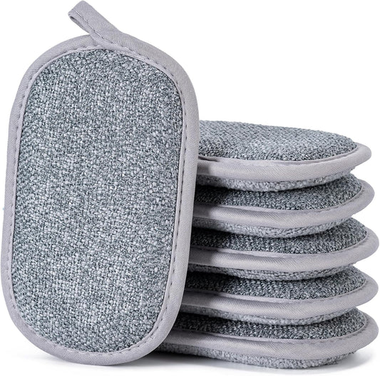 Dual-Sided Multi-Purpose Scrub Sponges, Non-Scratch Dishwashing Sponges for Kitchen, Reusable Microfiber Sponge for Efficiently Cleaning Dishes, High Density Sponge Inside (6 Pack, Medium) Gray