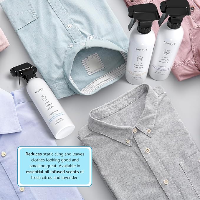 Begley's 3-in-1 Wrinkle Remover, Quick Fix Wrinkle Release, Static Cling Remover, Odor Eliminator and Fabric Refresher Spray - USDA Certified Biobased - Lavender, 3 oz Travel Size