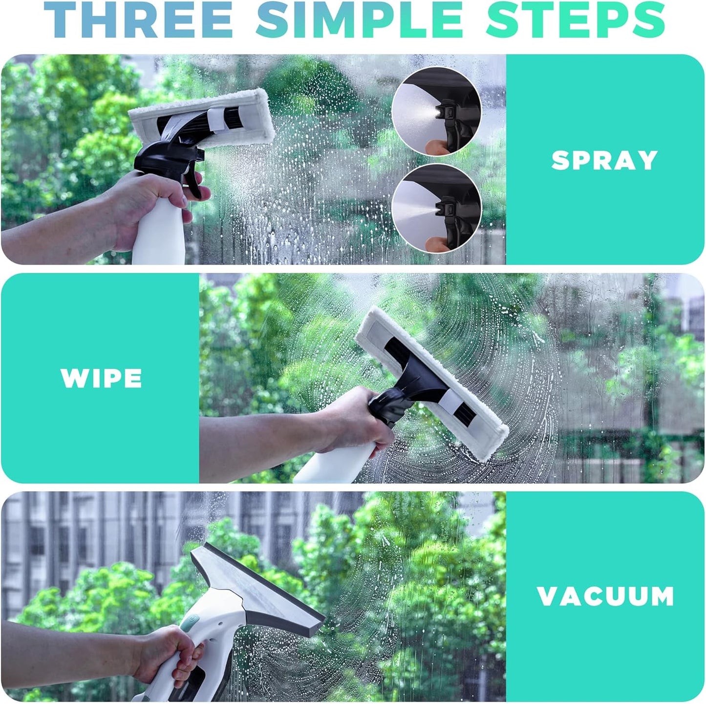 HAUSHOF Electric Window Vacuum Squeegee 11", Vacuum Squeegee Cordless Cleaner Tool Set, Window Vac with 300ml Spray Bottle & 100ml Water Tank for Mirror, Countertop, Showers