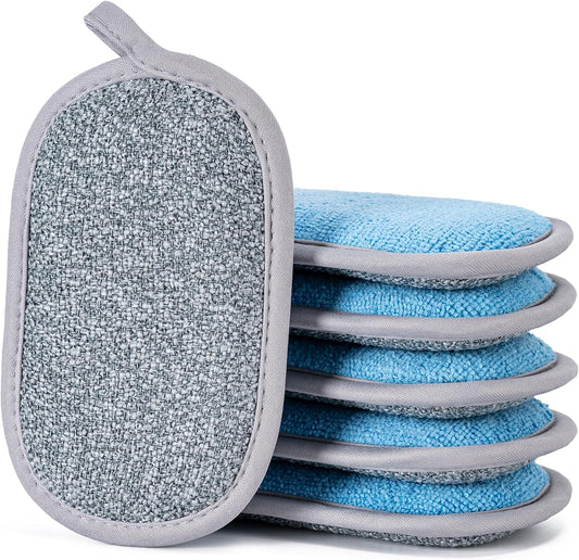 Dual-Sided Multi-Purpose Scrub Sponges, Non-Scratch Dishwashing Sponges for Kitchen, Reusable Microfiber Sponge for Efficiently Cleaning Dishes, High Density Sponge Inside (6 Pack, Medium)