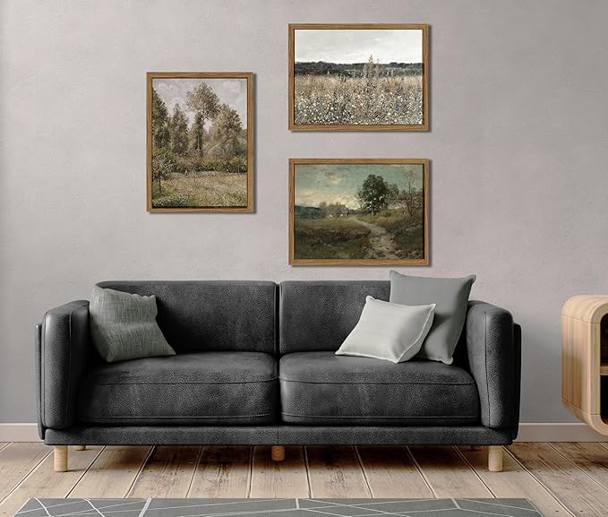Hwetui Vintage Landscape Canvas Wall Art Framed Set of 3 Wildflower Field Poster Retro Rustic Farmhouse Prints Classical Nature Oil Painting Picture Home Decor for Living Room Bedroom Office 12x16in