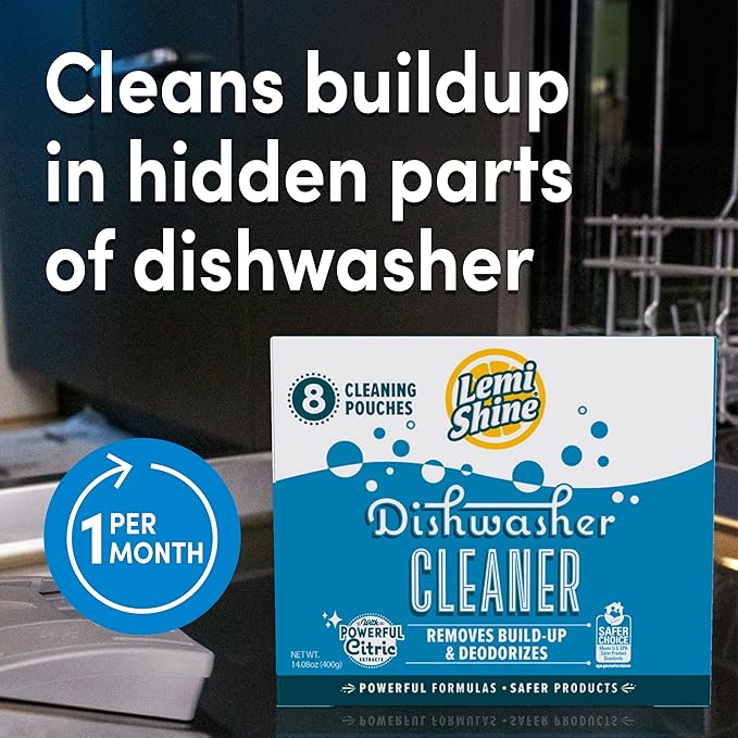 Lemi Shine Natural Dishwasher Cleaner - Hard Water Citric Acid Cleaning Powder - Lemon Scented Eco-Friendly Dishwasher Cleaner & Deodorizer - 14.08 oz (8 Pack)