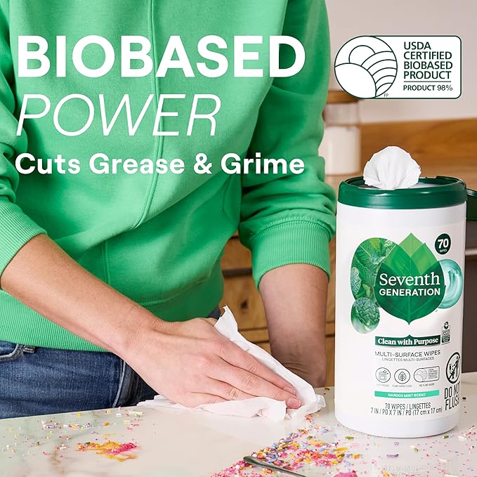 Seventh Generation Multi Purpose Wipes All Purpose Cleaning Garden Mint scent with 100% Essential Oils and Botanical Ingredients 70 count, Pack of 3