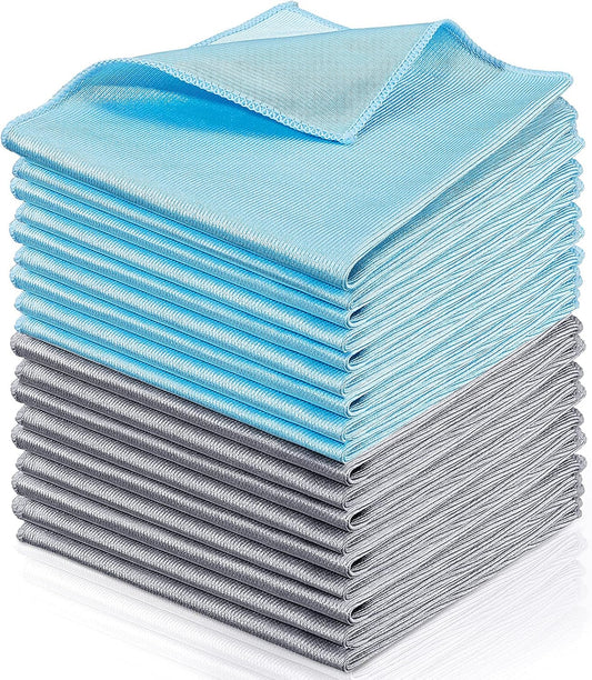 Tatuo 18 Pcs Microfiber Glass Cleaning Cloths (16 x 16) Polishing Cloth - Streak Free - Lint Free - Quickly Clean Windows, Glasses, Windshields, Mirrors, Stainless Steel, Monitor(Blue Gray)