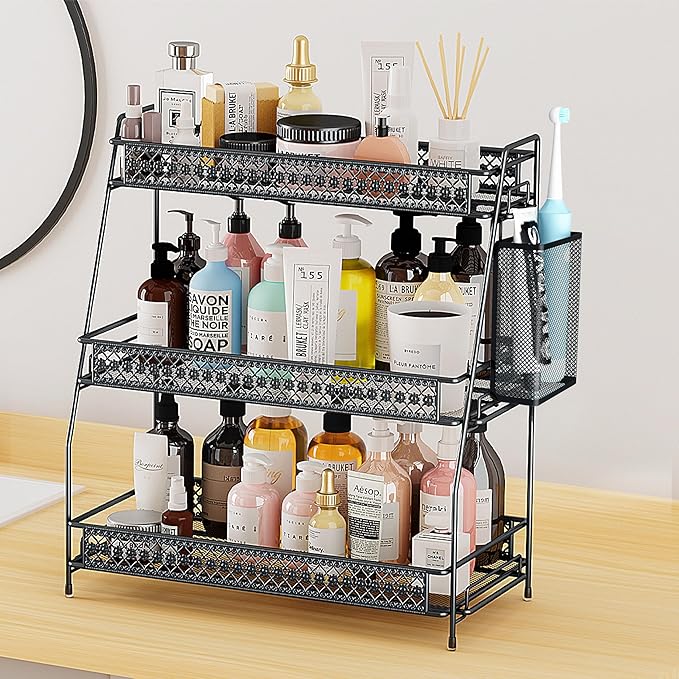 Vintage 3 Tier Spice Rack Organizer for Kitchen Counter, Bathroom Counter Organizer with Bonus Basket, 3 Tier Bathroom Counter Organizer for Spices Makeup Perfumes, Retro Countertop Organizer