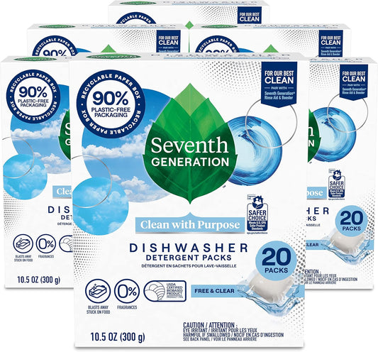 Seventh Generation Dishwasher Detergent Packs Free & Clear Pack of 6 for sparkling dishes Dishwasher tabs, 20 count