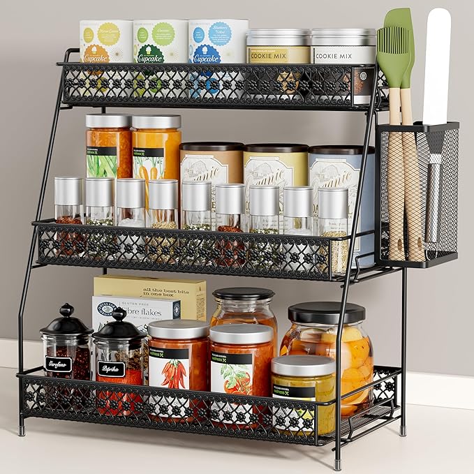 Vintage 3 Tier Spice Rack Organizer for Kitchen Counter, Bathroom Counter Organizer with Bonus Basket, 3 Tier Bathroom Counter Organizer for Spices Makeup Perfumes, Retro Countertop Organizer
