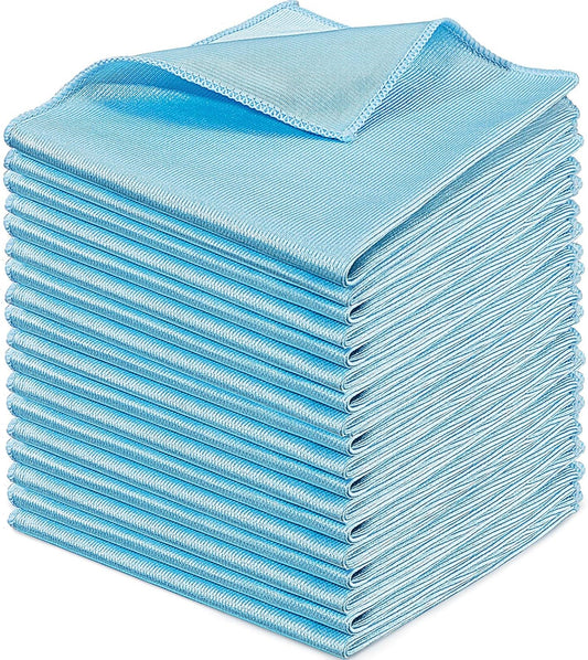 Tatuo 18 Pcs Microfiber Glass Cleaning Cloths (16 x 16) Polishing Cloth - Streak Free - Lint Free - Quickly Clean Windows, Glasses, Windshields, Mirrors, Stainless Steel, Monitor(Blue)