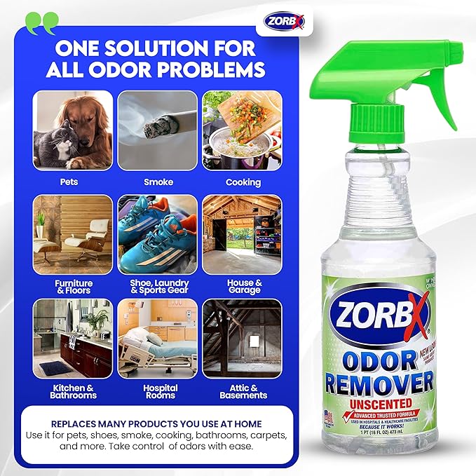 ZORBX Unscented Odor Eliminator for Strong Odor 16 oz - Pack of 2 - Used in Hospitals & Healthcare Facilities - Advanced Trusted Formula, Fast-Acting Odor Remover Spray for Dog, Cat, House & Carpet