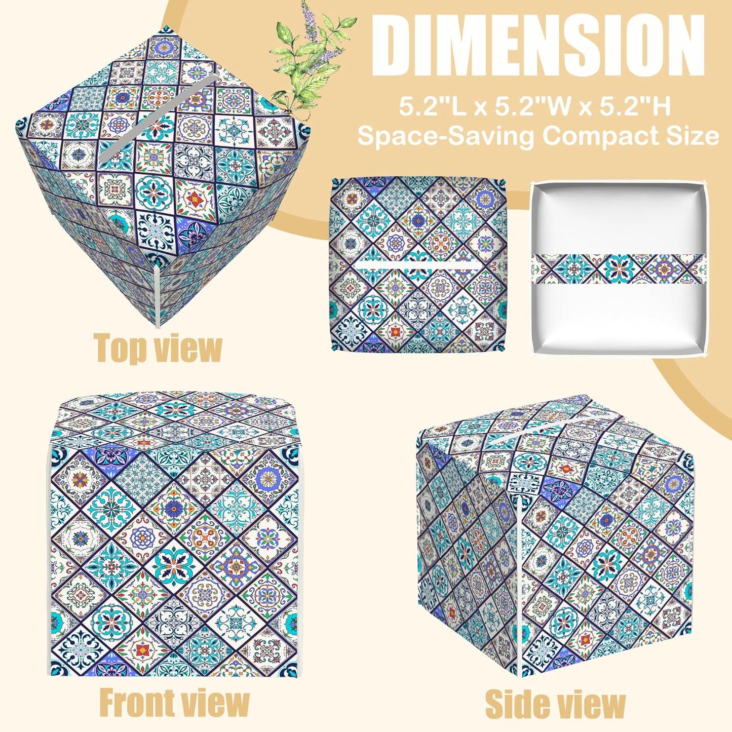 Square Tissue Box Cover Vintage Ceramic Tiles Tissue Box Holder Facial Cube Paper Dispenser Leather Decorative Organizer Home Office Desk Decor, 5.2"x5.2"x5.2"