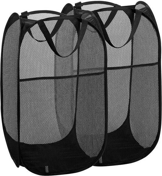 2 Packs Mesh Pop up Laundry Hamper (Black) with Portable Handles, Collapsible for Storage, Foldable Pop-Up Laundry Bags for Kids Room, College Dorm or Travel
