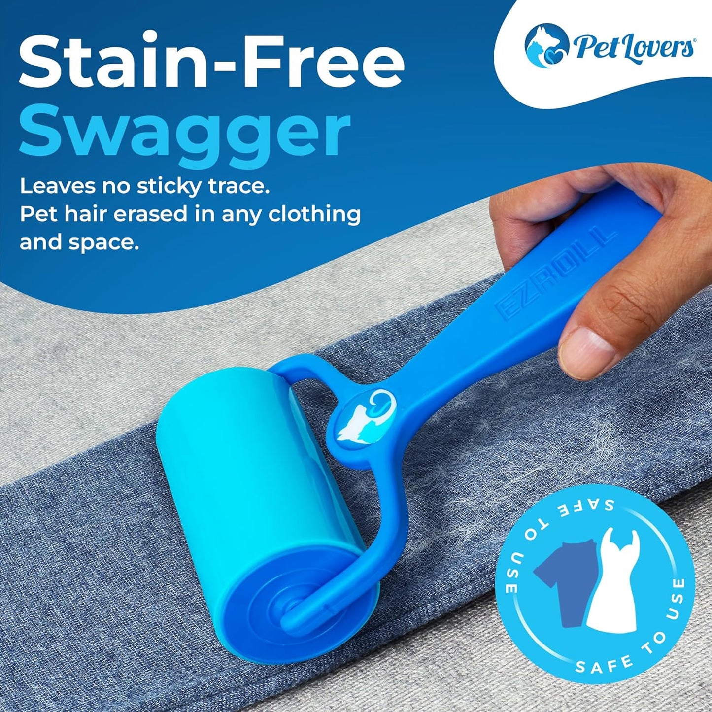 PetLovers EzRoll Reusable Lint Roller - Sticky for Life & Multi-Purpose Pet Hair, Dust, & Lint Remover for Clothing, Upholstery, & Cars - Sustainable, Washable & Efficient