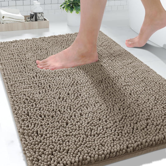 Yimobra Washable Bathroom Rugs, Super Soft & Absorbent Chenille Bath Mat for Floor & Carpet, Quick Dry Non Slip Bath Mat for Tub Shower, 24" x 17",Camel