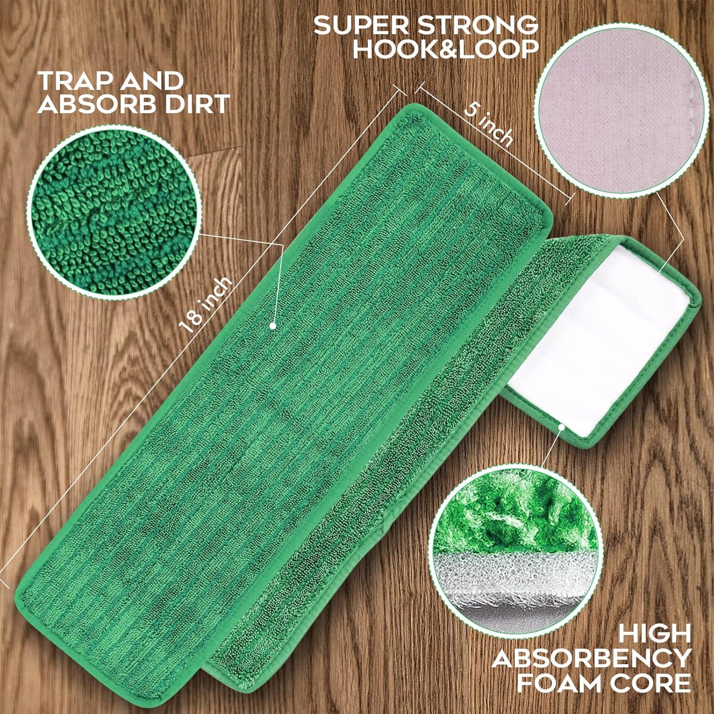 Matthew 18'' Microfiber Mop Replacement Pads for Wet Dry Reusable Mops Floor Home Commercial Cleaning Refills, Machine Washable Compatible with Bona Mop&Any Microfiber Flat Mop System Green (12 Pack)