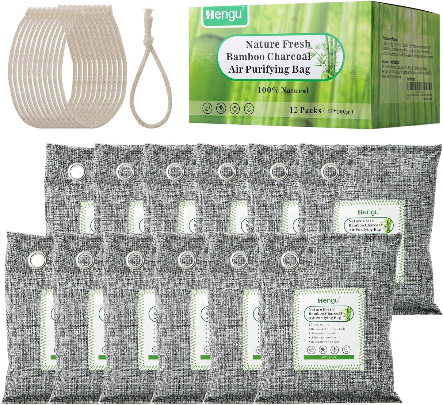 Activated Charcoal Odor Absorber (Large, 12 Pack, 100g each), Natural Charcoal Bags Odor Absorber Bamboo Charcoal Air Purifying Bag for Home, Fridge, Cabinet