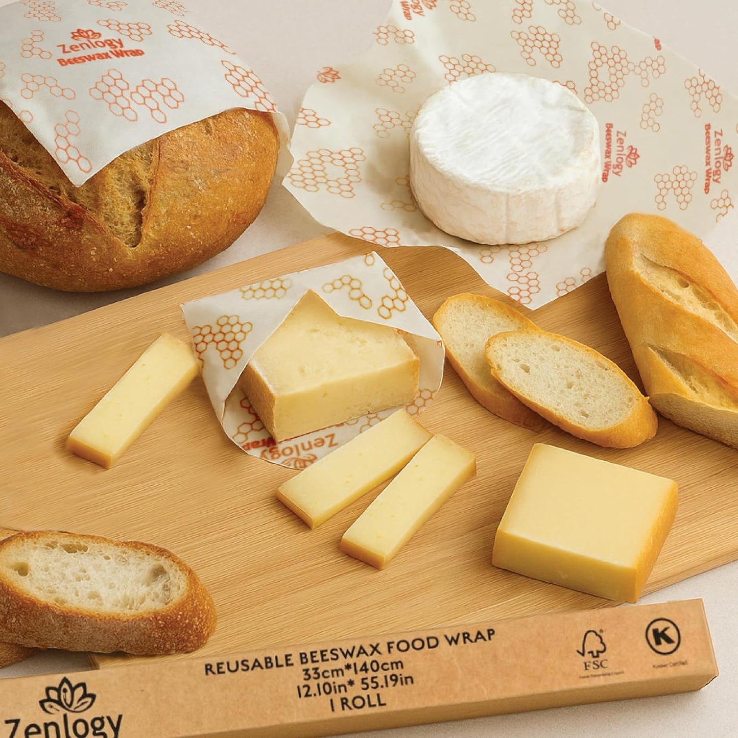 Zenlogy Reusable Beeswax Food Storage Wrap, Eco Friendly Alternative, Sustainable Organic Cut to Size Cotton Beeswax Wraps, 1 Roll, 13in x 55in (33cm x 140cm)