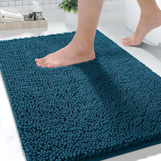 Yimobra Washable Bathroom Rugs, Super Soft & Absorbent Chenille Bath Mat for Floor & Carpet, Quick Dry Non Slip Bath Mat for Tub Shower, 32"x20",Peacock Blue