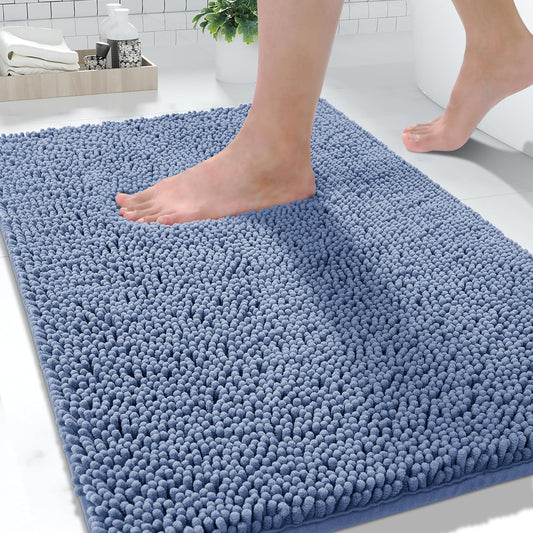 Yimobra Washable Bathroom Rugs, Super Soft & Absorbent Chenille Bath Mat for Floor & Carpet, Quick Dry Non Slip Bath Mat for Tub Shower, 32"x20",Denim Blue