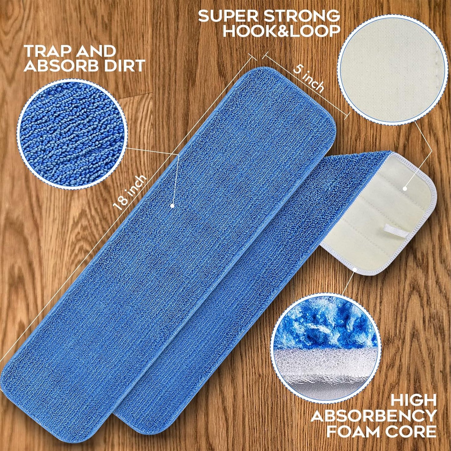MATTHEW 18'' Microfiber Spray Mop Replacement Pads Heads for Wet Dry Reusable Mops Floor Home Commercial Cleaning Refills, Machine Washable Fits Compatible with Bona Mop&Most Spray Mops Blue (12 Pack)